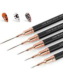 5pcs Metal Nail Art Pens & Eyeliner Brushes Set, For Long Lines, Fine Details, Precise Drawing, Eyeliner, UV Gel Nail Polish Design, Sizes: 5/8/12/20/25mm - Black - View 1