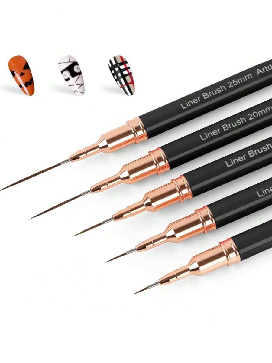 5pcs Metal Nail Art Pens & Eyeliner Brushes Set, For Long Lines, Fine Details, Precise Drawing, Eyeliner, UV Gel Nail Polish Design, Sizes: 5/8/12/20/25mm - Black - View 1