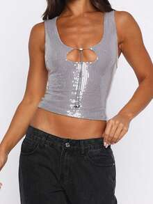 Women Sleeveless Sequin Tank Tops Shiny Sparkly Glitter Crop Shirt Tops Going Out Party Club Rave Top - Bạc - Xem 3