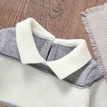 Infant Gentleman Style Collared Sweater Romper, Colorblock Wide Striped Minimalist Jumpsuit - Grey - View 6
