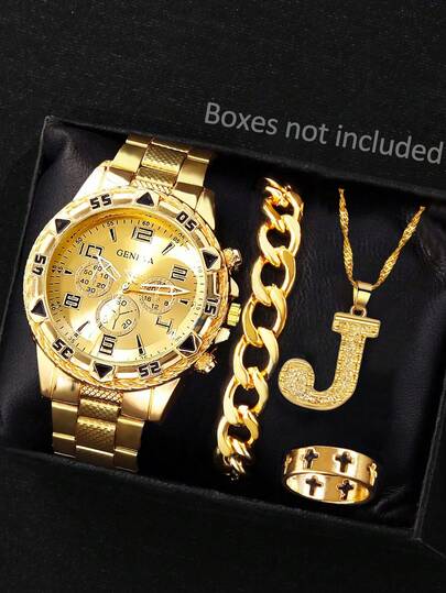 4pcs Teenager Boys' Extra Large Dial Quartz Watch With Calendar, Personalized Fashion Wristwatch, Letter R Necklace, Bracelet, Cross Ring, Suitable For Holidays, Birthday Gifts, Daily Wear
