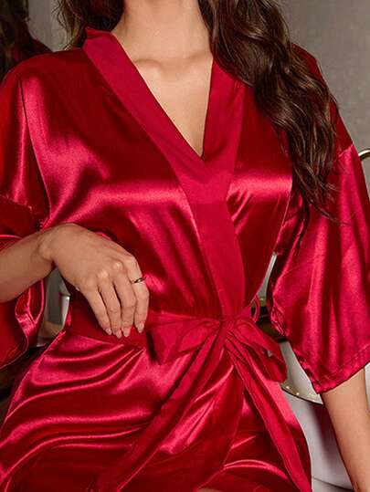 1 pieza Bata elegante de unicolor con lazo para mujer, apta para otoño/invierno, camisón corto de satén y seda suave, adecuada para novia, dama de honor, uso doméstico, vestido corto de temporada de boda, bata con letra inicial, bata de mañana y bata de dormir para decoración de baño