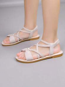 1 Pair Girls' New Slip-On Flat Princess Sandals, Soft Sole Non-Slip Children's Roman Sandals, Fairy Style Kids Beach Shoes, Suitable For Summer - Beige - View 6