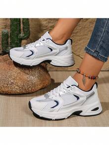 American Retro Contrast Color Running Shoes, Mesh Breathable, Thick Bottom Cushioning, Campus, Street, Daily Wear Template, Running Shoes To Grasp The Relaxation Feeling, 5cm High Casual Shoes - Màu xanh lam - Xem 3