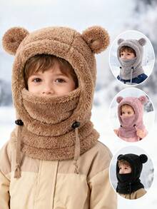 1Pc Toddler Winter Balaclava Hat - Bear Ear Fluffy Plush Hat Scarf Combo, Adjustable Drawstring Full Cover Kids Hat For Cold Weather Daily Wear & Travel - 1PC - View 1