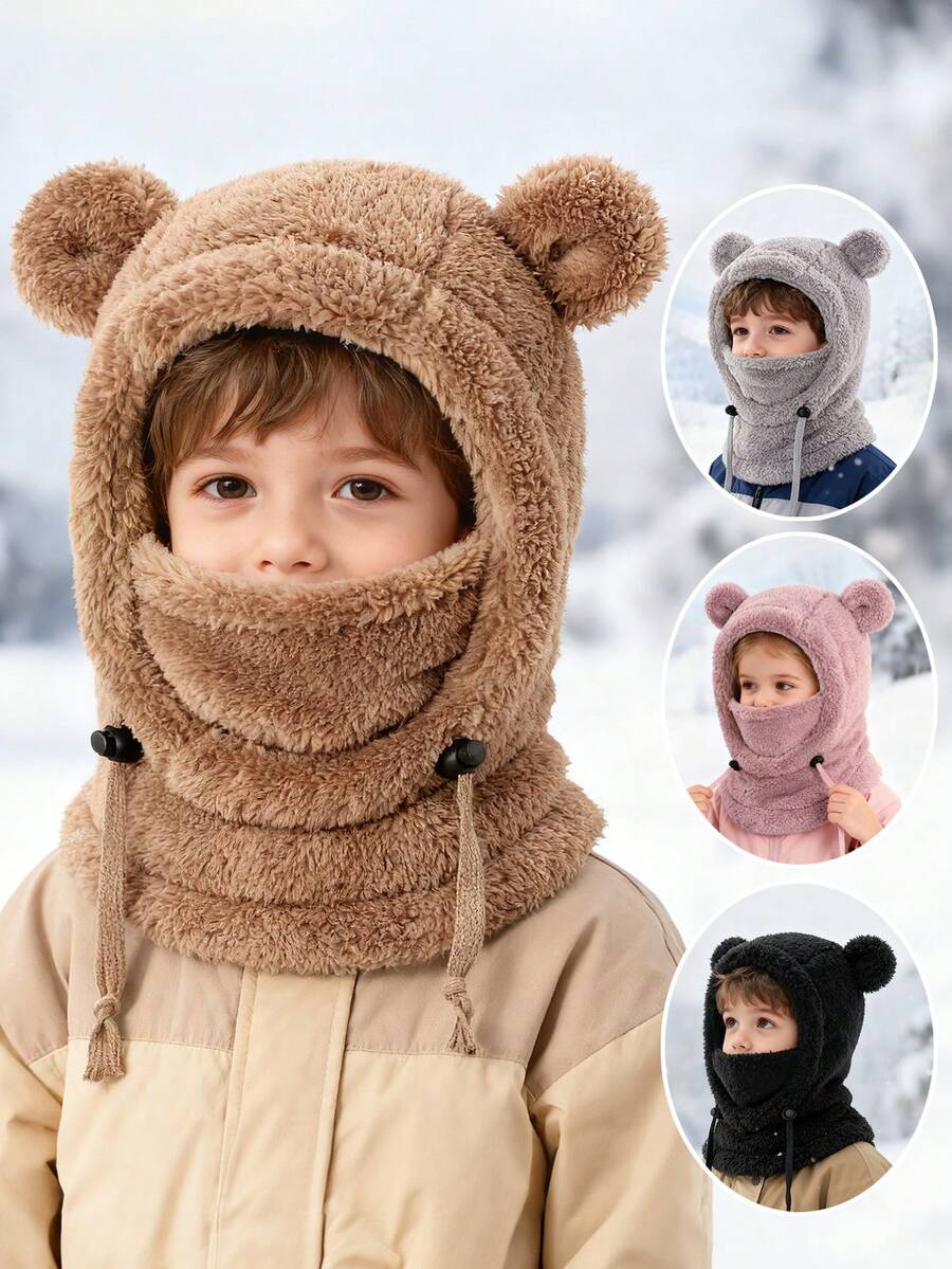 1Pc Toddler Winter Balaclava Hat - Bear Ear Fluffy Plush Hat Scarf Combo, Adjustable Drawstring Full Cover Kids Hat For Cold Weather Daily Wear & Travel - 1PC - View 1