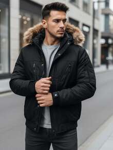 Herren-Winterjacke mit verstellbarer, abnehmbarer Kunstpelzkapuze, Reißverschluss und Druckknöpfen, Bündchen, glattem Futter, praktischen Seitentaschen und Brusttasche. - Schwarz - Übersicht 3