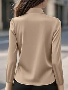 Women's Elegant Solid Color Bow Tie Design Long Sleeve Blouse - Structured For Office, Suitable For Professional And Formal Attire - Màu Khaki - Xem 4