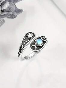 Anillo ajustable con forma de cuchara de luna y estrella, anillo abierto vintage bohemio de girasol con circonita, regalo de joyería única para mujeres - Multicolor - Ver 4