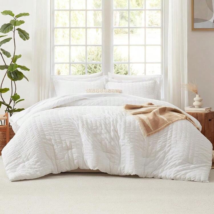 Queen Comforter Set White Seersucker 7 Pieces Bed In A Bag Queen Comforter Set With Sheets Luxury Soft Bedding Set With Down Alternative Comforter Sheets Pillowcases And Shams For All Seasons - White+Oversized King - View 3