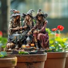 2D Flat, A 2D Acrylic Flat Design Depicting A Witch's Garden Decor, Showing A Scene Of Three Witches Holding A Magic Tea Party, Suitable For Indoor And Outdoor Decoration. Ideal For Halloween, Fairy Tale Garden, Potted Plants And Fairy Garden Accessories - A - View 2