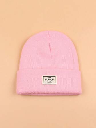 1pc Women's Solid Color Letter Label Knit Beanie