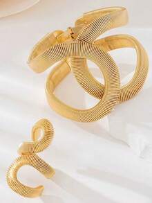 2pcs/Set Gold Crossed Design Ring & Bracelet Set, Classic Luxury Middle Eastern Party Jewelry - Yellow Gold - View 4