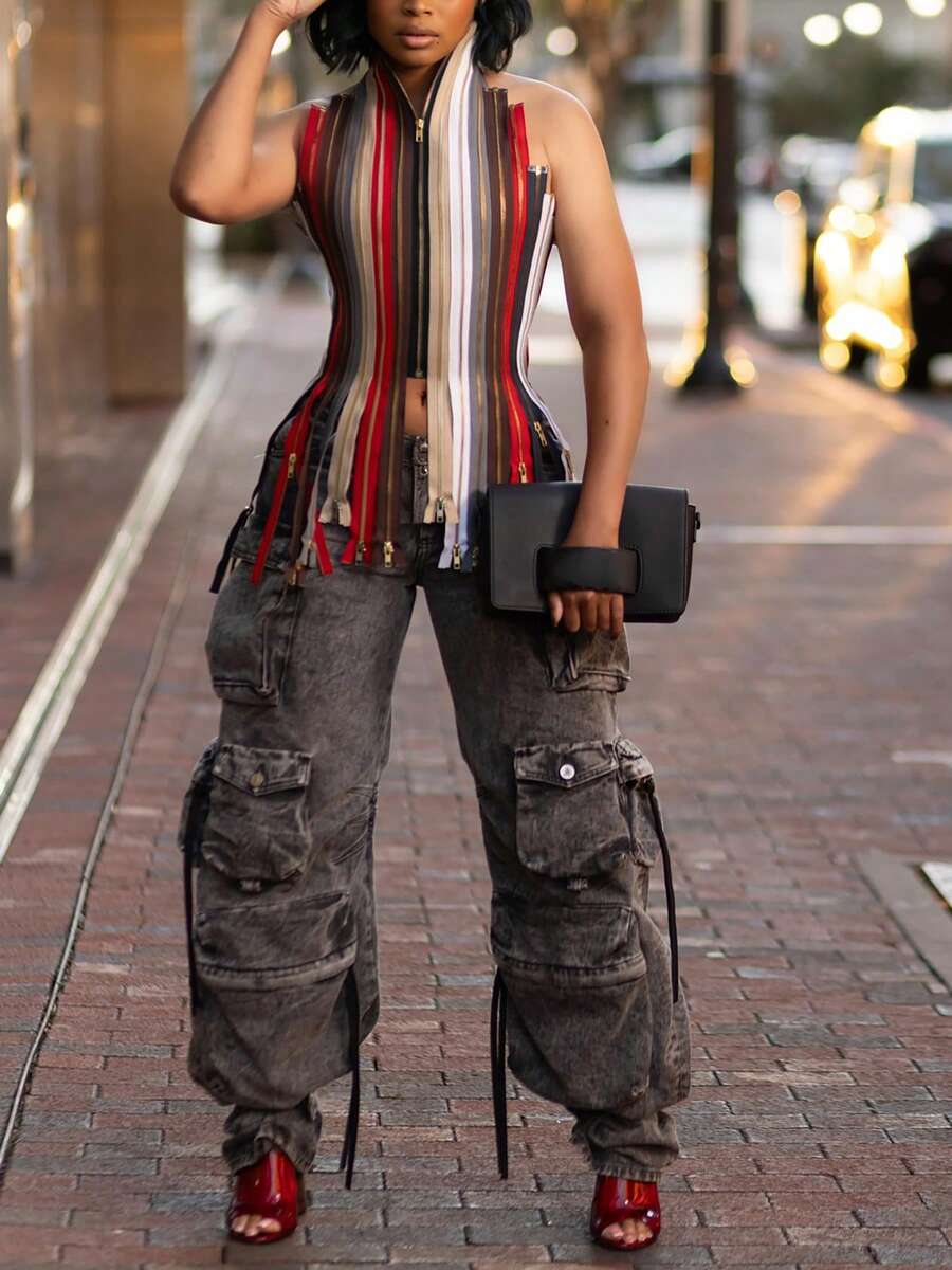 Camiseta sin espalda con cremallera asimétrica y parches, sexy y casual para el verano - Multicolor - Ver 1