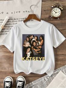 BP Korean Girl Group Pattern Girls Children Youth Cotton T-Shirt - With KATSEYE Pattern Shirt, Casual Short Sleeve Round Neck T-Shirt, Machine Washable, Durable Print Quality Minimalist Style Sweatshirt,New Years Outfit - 白色 - 查看 8