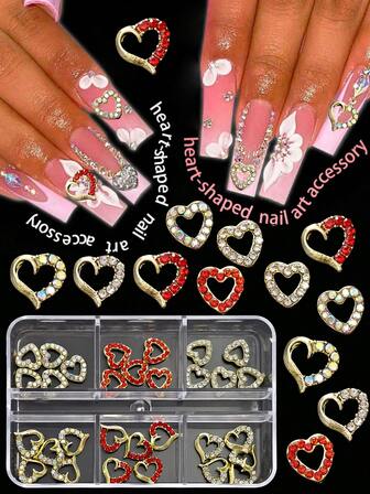 30pcs Gold Rhinestone Heart-Shaped Nail Pendant, 3D Alloy Heart-Shaped Nail Decoration, DIY Art Decoration Accessories, Nail Art Ornaments, Nail Gemstones, Nail Supplies, Nails