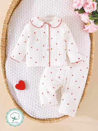 เสื้อเชิ้ตติดกระดุมด้านหน้าลายหัวใจน่ารักสำหรับเด็กผู้หญิงแรกเกิดและชุดกางเกงขายาวผ้าฝ้ายเรียบง่าย