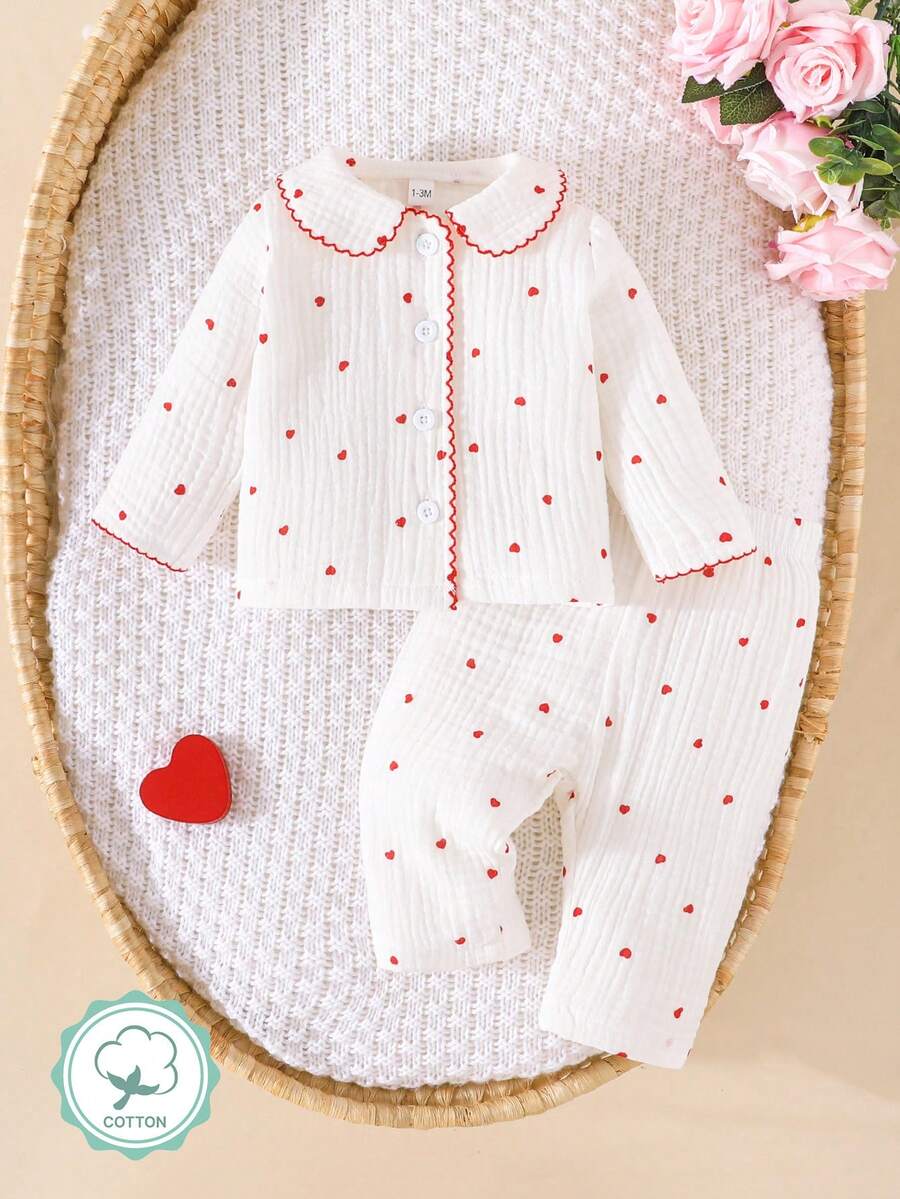 Conjunto de Bebê Recém-Nascido Menina Fofo com Top de Botões na Frente com Estampa de Coração e Calça Longa Simples de Algodão
