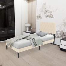 Upholstered Bed Frame With Headboard And Slatted Base, Metal Platform Bed Frame, Leather Slatted Base - Beige - View 5