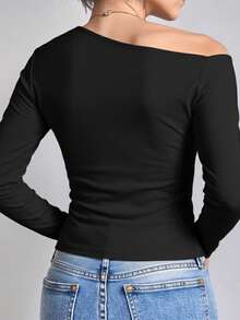 Blusa con cuello asimétrico y volantes Y2K Grunge liso casual  canalé  asimétrico  acanalado  manga larga camiseta cuello asimétrico - Negro Liso - Ver 3