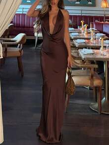 Women's Solid Color Lace-Up Backless Camisole Satin Maxi Dress, Fitted Sexy Elegant Party Gown, Birthday Evening Dress Wedding Spring - Brown - View 4