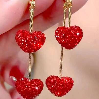 Juego de 2 piezas de pendientes con colgante en forma de corazón con diamantes de metal lujoso, un elegante regalo para fiestas y días festivos para adolescentes, perfecto para el Día de San Valentín, el Día de la Madre y el Día de la Madre.