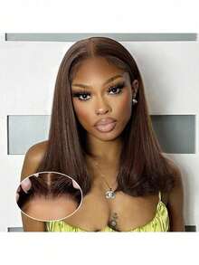 Glueless Lace Front Wig Brazilian Virgin Hair 13*4 13*6 5*5 HD Lace Front Wig 200% Density Wigs Frontal Glueless #4 Brown Colored Pre Plucked With Baby Human Blended Hair Bob Highlight Ombre Lace Front Straight Human Frontal Hair Wigs - Brown - View 7