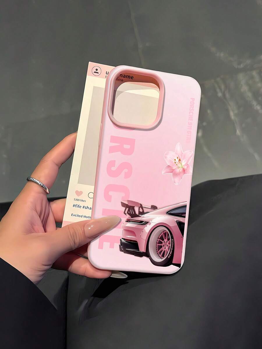 Funda para teléfono con impresión artística 911 GTR rosa compatible con 17, 16 Pro Max, 15 Pro Max, 13 y 12 Diseño elegante con detalles florales Un regalo perfecto para entusiastas de los automóviles, amigos y seres queridos para cualquier ocasión. - Rosa - Ver 1