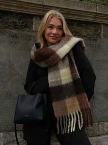 1pc Leopard Print Autumn/Winter Fashion Striped Plaid Fleece Warm Women Boucle Deep Brown Wool Thick Scarf, Warm Acrylic Scarf Like Cashmere, Bohemian Casual Windproof Couple Shawl, Comfortable Blanket Scarf, Suitable For Daily Wear For Dress - 多色-3 - 查看 6