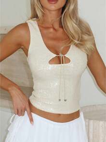 Women Sleeveless Sequin Tank Tops Shiny Sparkly Glitter Crop Shirt Tops Going Out Party Club Rave Top - 淡黃色 - 查看 1