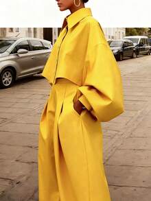 Women's New Yellow Loose Elegant Fashion Casual Irregular Cropped Top And Wide Leg Pants 2 Piece Set, Suitable For Spring/Autumn, Daily Casual, Work Commute, Rural Vacation, Outdoor Street Style, High-End Shirt Suit - Ginger - View 3