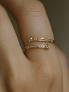 Adjustable Double Ring With Cubic Zirconia – 18K Gold Or Silver Plated Costume Jewelry – Luxury Open Design - 金色 - 查看 7