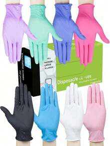 一次性丁腈手套，耐用家用清洁手套，不含乳胶，防水防静电，多用途手套，适用于家庭清洁、厨房、浴室、家居用品清洁。 - 彩色 - 查看 1