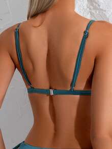 Conjunto de bikini de unicolor, sexy, con espalda descubierta y nudo, para vacaciones en la playa de verano - Azul Marino - Ver 5