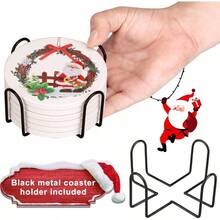 Posavasos de Cermica de Navidad Con Soporte - 6 Piezas Absorbentes de Regalo, Redondos de Pap Noel, Posavasos de Bebida Clsicos Para Mesa - Estilo Papá Noel - Ver 4