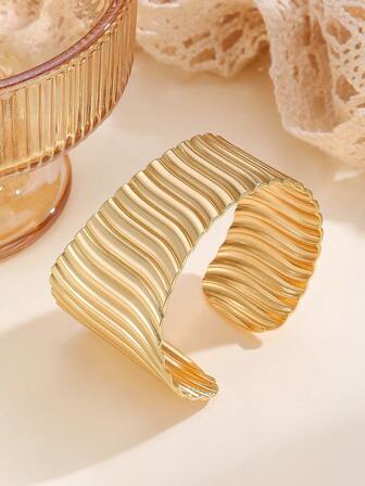 1件简约几何不对称条纹纹理不锈钢开口手镯，适合女士日常佩戴