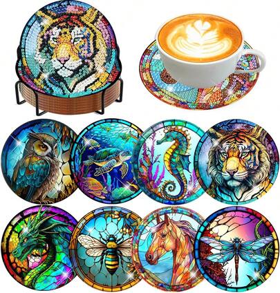 8 Pcs Diamond Art Coasters Kits Adults With Holder Cork Pads, Skull Flowers Diamond Dots Art Painting Coasters Crafts Kit Home Office Decor (4x4in)