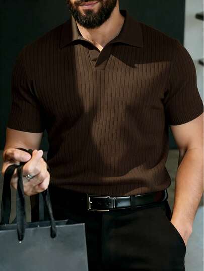 Camisa polo de punto holgada y fina de alta calidad con cuello de gaviota para hombre - Camisa de manga corta con cuello a rayas de avión, moda casual de verano fresca y cómoda