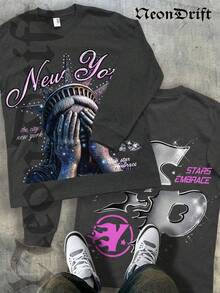 NeonDrift Halloween, Double-Sided Printing Christmas, Thanksgiving Gifts: Men's Long-Sleeve T-Shirt, 250g Cotton Graphic T-Shirt, Men's Fashionable Hip-Hop Style - Long-Sleeve T-Shirt, Funny Vintage Shirt, Regular Fit, Street Style, Digital Printing, Ideal Gift - 深灰色 - 查看 1