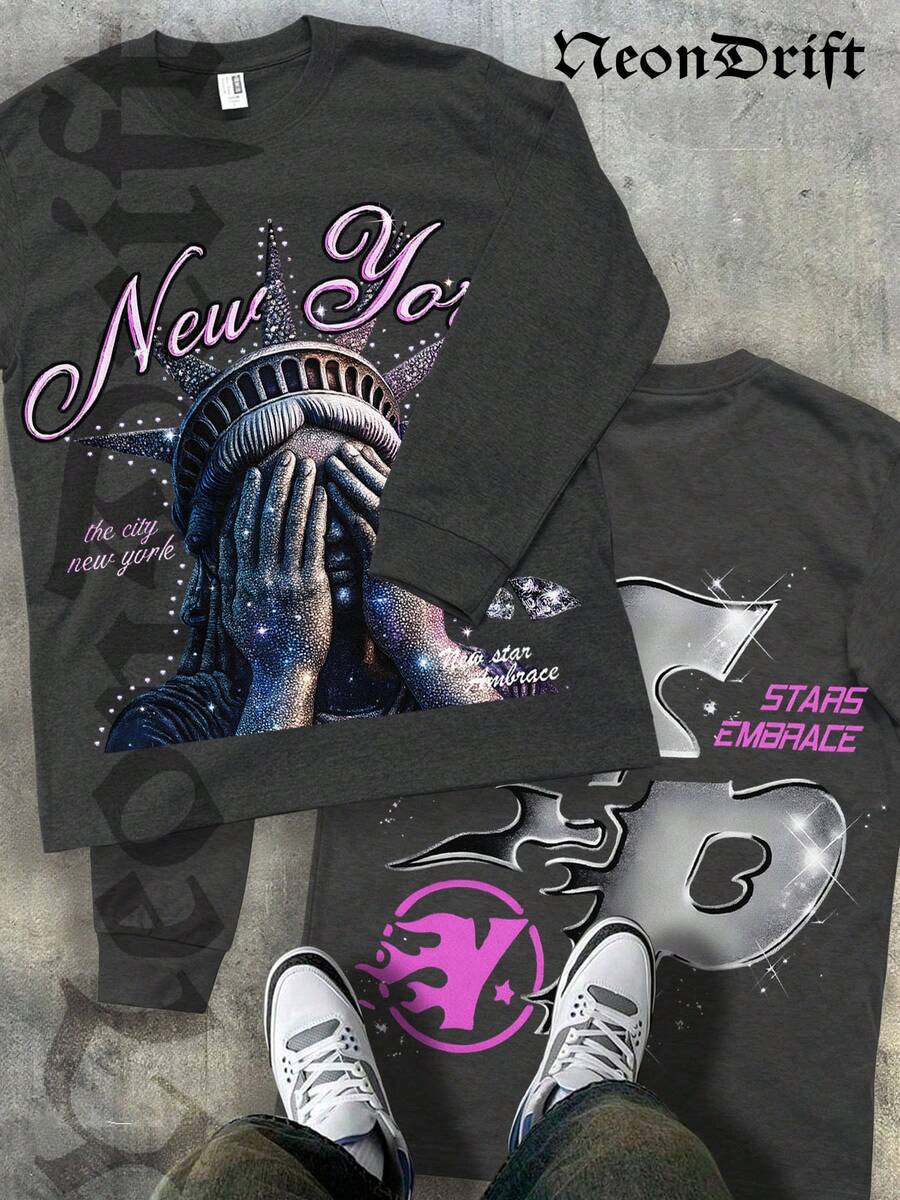 NeonDrift Halloween, Double-Sided Printing Christmas, Thanksgiving Gifts: Men's Long-Sleeve T-Shirt, 250g Cotton Graphic T-Shirt, Men's Fashionable Hip-Hop Style - Long-Sleeve T-Shirt, Funny Vintage Shirt, Regular Fit, Street Style, Digital Printing, Ideal Gift - 深灰色 - 查看 1