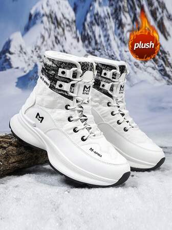 Men's Snow Boots, Winter Warm Lining, Outdoor Cold-Resistant, Waterproof, High-Top Lace-Up Boots, Anti-Slip Thick Sole, Fashion Versatile Daily Commute Casual Winter Boots, Minimalist Solid Color High-End Outdoor Boots, Sports Style Thick Sole Winter Hiking Running Multifunctional Work Boots