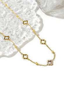 1pc Fashionable Stainless Steel Lucky Clover Pendant Necklace, Rhinestone Inlaid Flour-Leaf Flower Design Beaded Chain Necklace, Suitable For Women Daily Wear Or Gift-Giving, Sexy Collarbone Chain Accessory - Gold - View 2