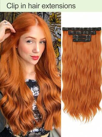 Extensiones Para El Cabello Con Clip, Extensiones De Cabello De Fibra Sintética Ondulado De 20 Pulgadas De Largo Para Mujeres Y Niñas. Clip Sintético Grueso Y Suave Para Uso Diario O Fiesta (naranja)