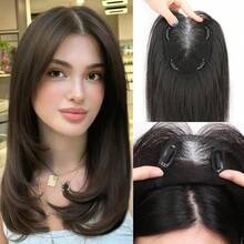 Realove Silk Base Virgin Human Hair Topper Top Natural Black Hairpiece Air Bangs Straight Topper Human Hair Fluffy Light For Woman Hairpiece For White Hair With Thinning Hair Hair Loss One Piece Three Clips Clip In Hair Toppers For Women Christmas Gift - Natural Black - 查看 1