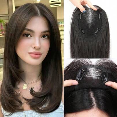 Realove Silk Base Virgin Human Hair Topper Top Natural Black Hairpiece Air Bangs Straight Topper Human Hair Fluffy Light For Woman Hairpiece For White Hair With Thinning Hair Hair Loss One Piece Three Clips Clip In Hair Toppers For Women Christmas Gift