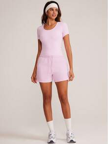 VUTRU Camiseta deportiva de cuello redondo ajustada, top corto de yoga y running - Rosa - Ver 4