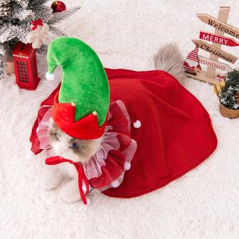 1件装圣诞狗狗猫咪服装，宠物圣诞巫师斗篷，秋冬新款圣诞斗篷变身服，可爱宠物节日派对趣味服装