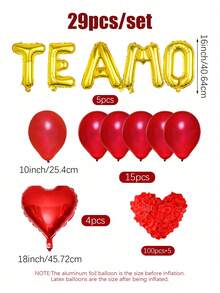 29件套“Te Amo”爱心字母气球套装，包含红色、银色、金色“我爱你”气球、红色心形气球和500片红色玫瑰花瓣，适用于求婚、婚礼、单身派对、生日、周年纪念日、情人节装饰。 - 彩色 - 查看 12