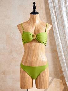 Bộ bikini đi biển mùa hè 2 món dành cho nữ, áo bikini hở lưng với họa tiết hoa kim loại và dây đeo có thể tháo rời, chân váy maxi xẻ cao in hoa bằng vải voan mỏng, thích hợp cho bãi biển, kỳ nghỉ và tiệc bể bơi. - màu xanh lá - Xem 8