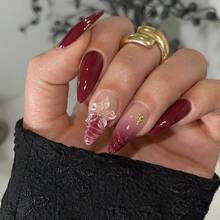 Foreign Trade Hot-Selling Burgundy Spice Girls Show White 3D Engraving Wearing Nail Almond Nail Fake Nail Piece Manufacturer Nail Art Wholesale - 酒紅色 - 查看 5